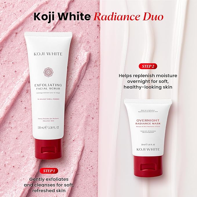 Koji White Exfoliating Facial Scrub, Gentle Face Wash with 1% Walnut Shell Powder, AHA, Kojic Acid Dipalmitate & Hyaluronic Acid | Hydrating, Vegan, 100ml (3.38 Fl Oz)