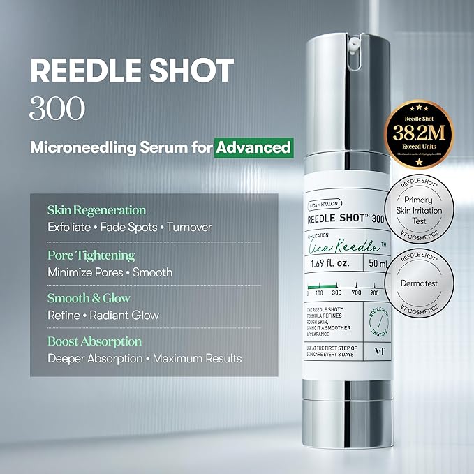 VT COSMETICS CICA Reedle Shot 300, Advanced Night Exosome, Microneedling Serum, Centella Asiatica, Hyaluronic Acid, Propolis, Soft Skin, Regeneration, Glass Skin, Korean Skin Booster 1.69Fl Oz (50ml)