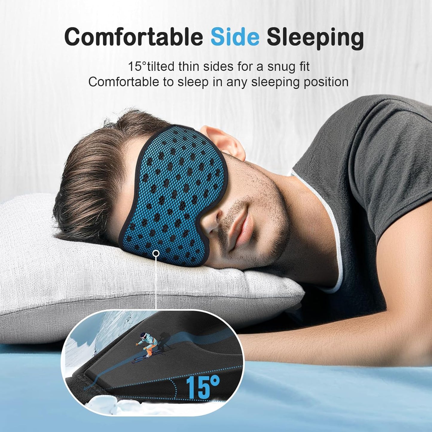 LitBear Breathable Sleep Mask, 3D Eye Mak Sleep for Side Sleepers Women Men, Light Blocking Sleeping Mask with Adjustable Strap, Soft Lightweight Eye Cover for Travel, Night Work, Nap, Office - Blue