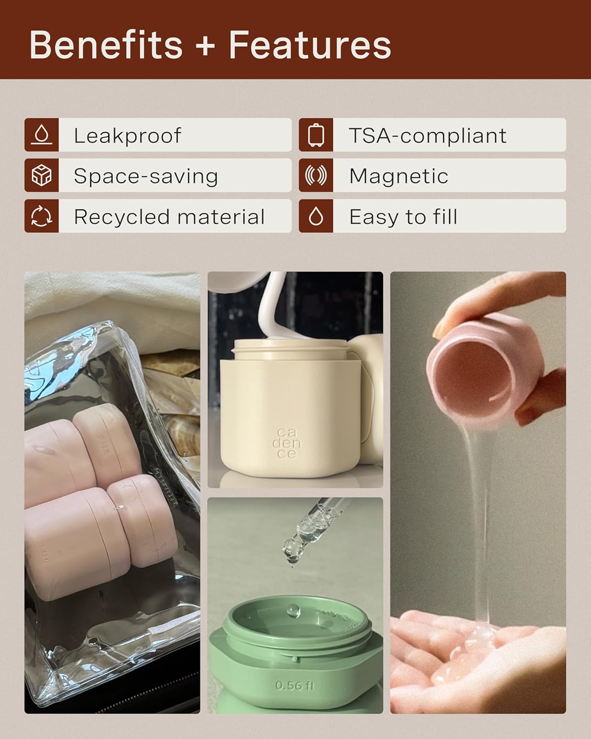 Cadence Travel Containers - Core Skincare Set - Magnetic Containers with Lids,2 Small (0.56oz) & 3 Medium (1.32oz) - Cleanser, Moisturizer, Serum, Makeup Remover & Sun Icon Labels - Evergreen