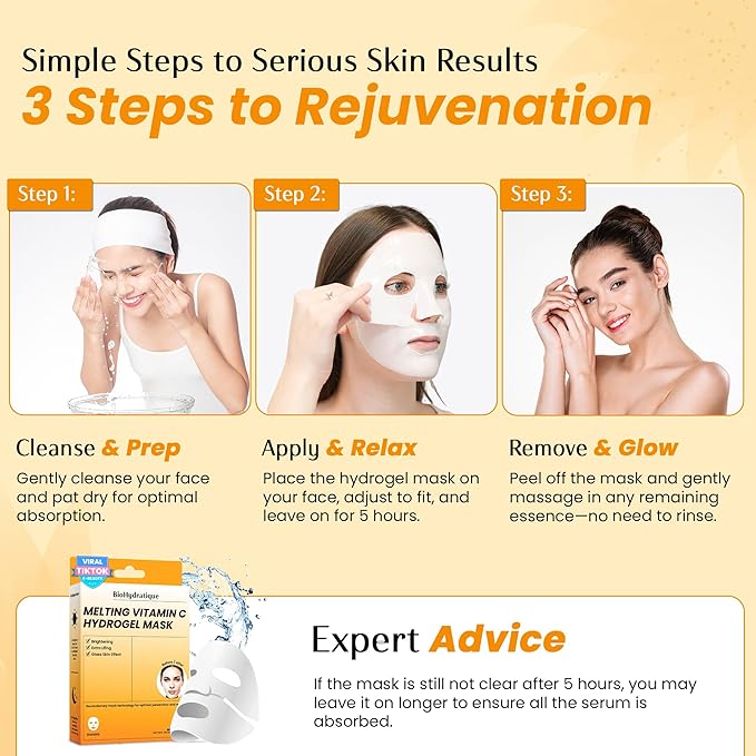 Vitamin C Face Mask – Overnight Hydrogel Care for Dark Spots, Fine Lines & Dry Skin – Dermatologist Tested, Anti-Aging, Korean Skin Care – Clean Beauty, Glass Skin Glow – Pack of 10