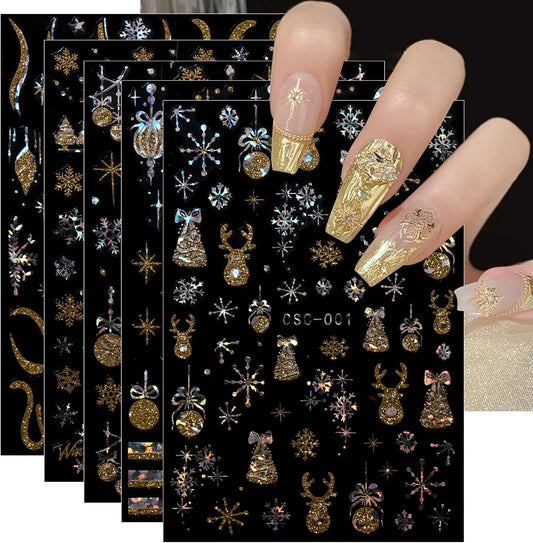 JMEOWIO 8 Sheets Christmas Gold Glitter Silver Nail Art Stickers Decals Self-Adhesive Snowflake Winter Holiday Nail Supplies Nail Art Design Decoration Accessories