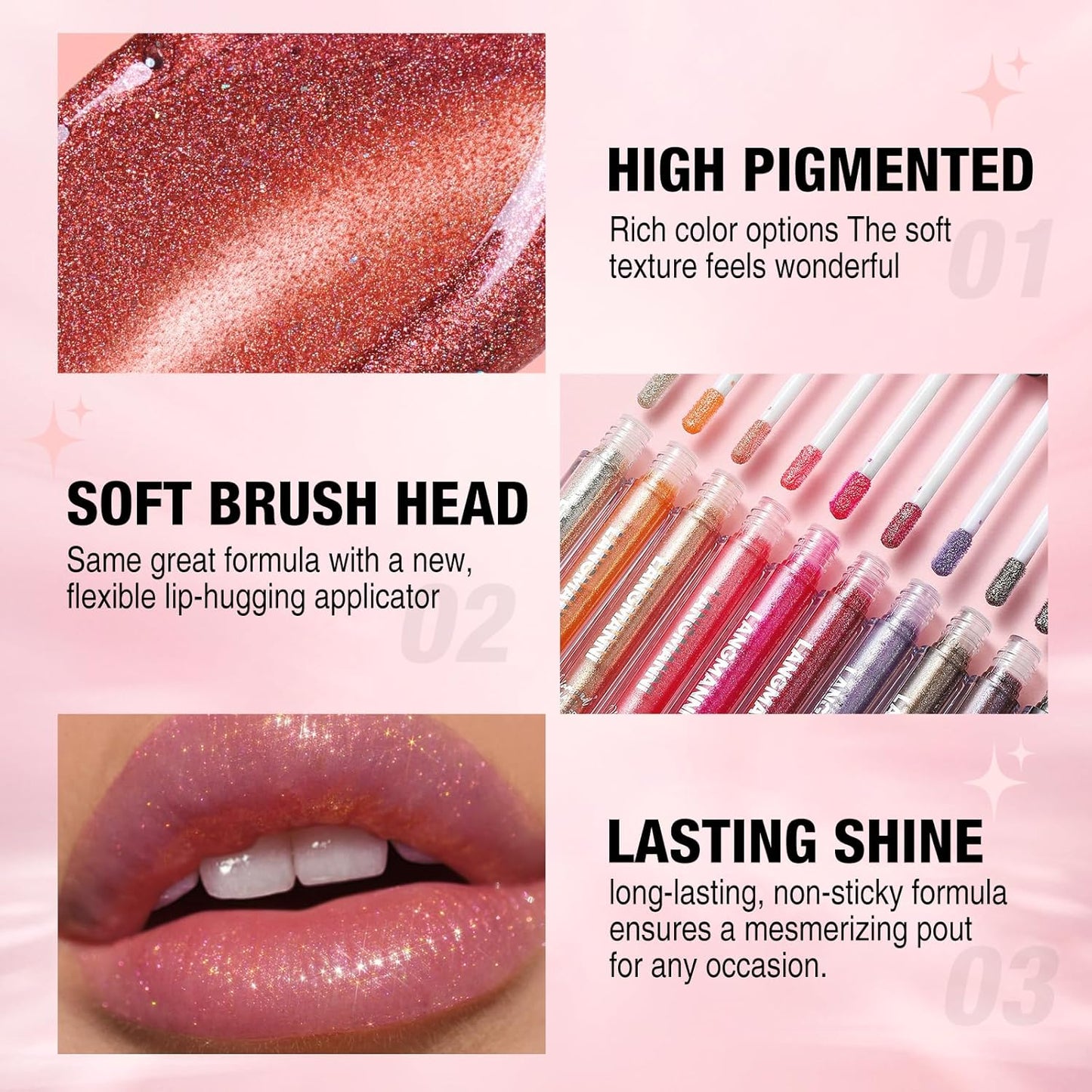 LANGMANNI 4 Colors Diamond Glitter Lip Gloss Set,Long Lasting High Shine Shimmer Liquid Lipstick Set,Hydrating,Moisturizing Lip Gloss Kit Gift Makeup For Girls(#05+06+07+08)