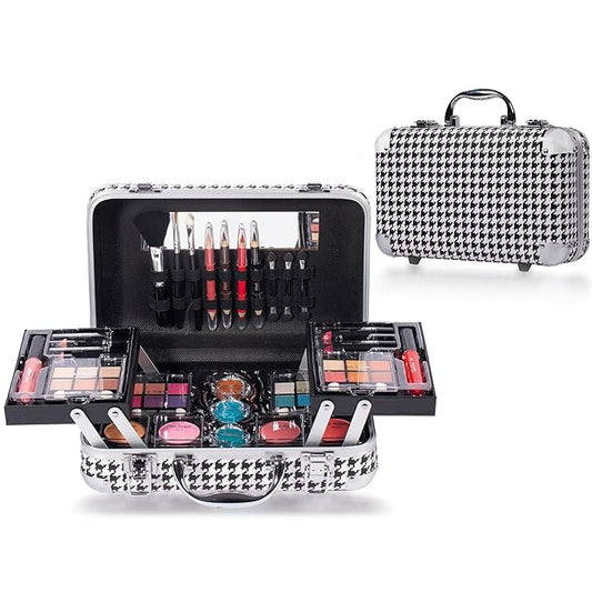 Hot Sugar All In One Makeup Set for Adults and Girls-Full Makeup Kit for Beginners Includes Eye Shadow Palette Blush Lip Gloss Lipstick Lip Pencil Eye Pencil Brush Mirror (Black Houndstooth)