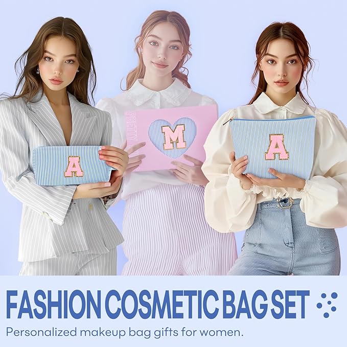 mibasies 2 PCS Initial Makeup Bags for Women: - Birthday Gifts for Teen Girls 11 12 13 14 15 16 Years Old - Preppy Trendy Stuff - Cosmetic Bag for Travel Toiletry - Blue M