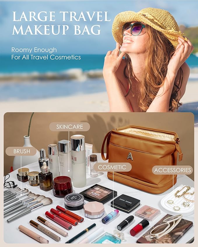 Female Gifts, Personalized Makeup Bag, Monogrammed Gifts, Initial Double Layer Cosmetic Bag with Makeup Brush Organizer, Travel Toiletry Bag, Gifts for Friends Female Mom, Teen Girl Gifts