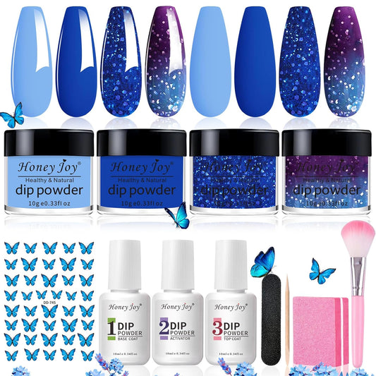 Honey Joy Dip Powder Nail Kit Starter,4 Colors Navy Blue Sky Blue Purple Glitter Dipping Powder Liquid Set with Base Top Coat for Nail Art Manicure Salon DIY No LED Nail Lamp Needed，Dip-7pcs-04
