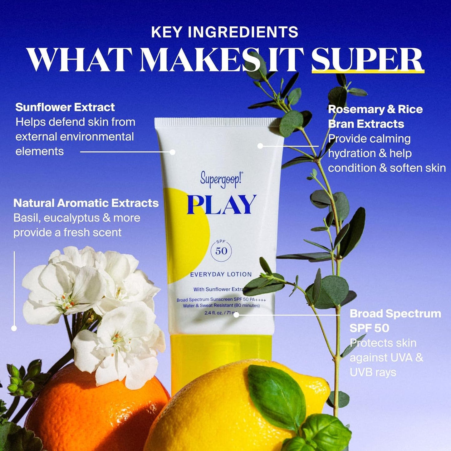 Supergoop! PLAY Everyday Lotion SPF 50 - Broad Spectrum Body & Face Sunscreen for Sensitive Skin - Great for Active Days - Fast Absorbing, Water & Sweat Resistant - 2.4 fl oz