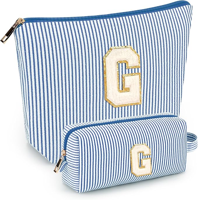 2 PCS Initial Makeup Bags for Women: Cosmetic Bag for Travel Toiletry - Birthday Gifts for 11 12 13 14 15 16 17 18 Years Old Girl Graduation Teacher Gift- Teen Girl Gifts Trendy Stuff - Blue G