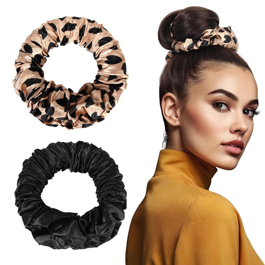 2 Pack Heatless Curling Scrunchie, Heatless Hair Curler Overnight to Sleep In, No Heat Curls for Long Hair, Soft Silk Lazy Sleep Hair Roller Headband (Black+Brown Leopard)