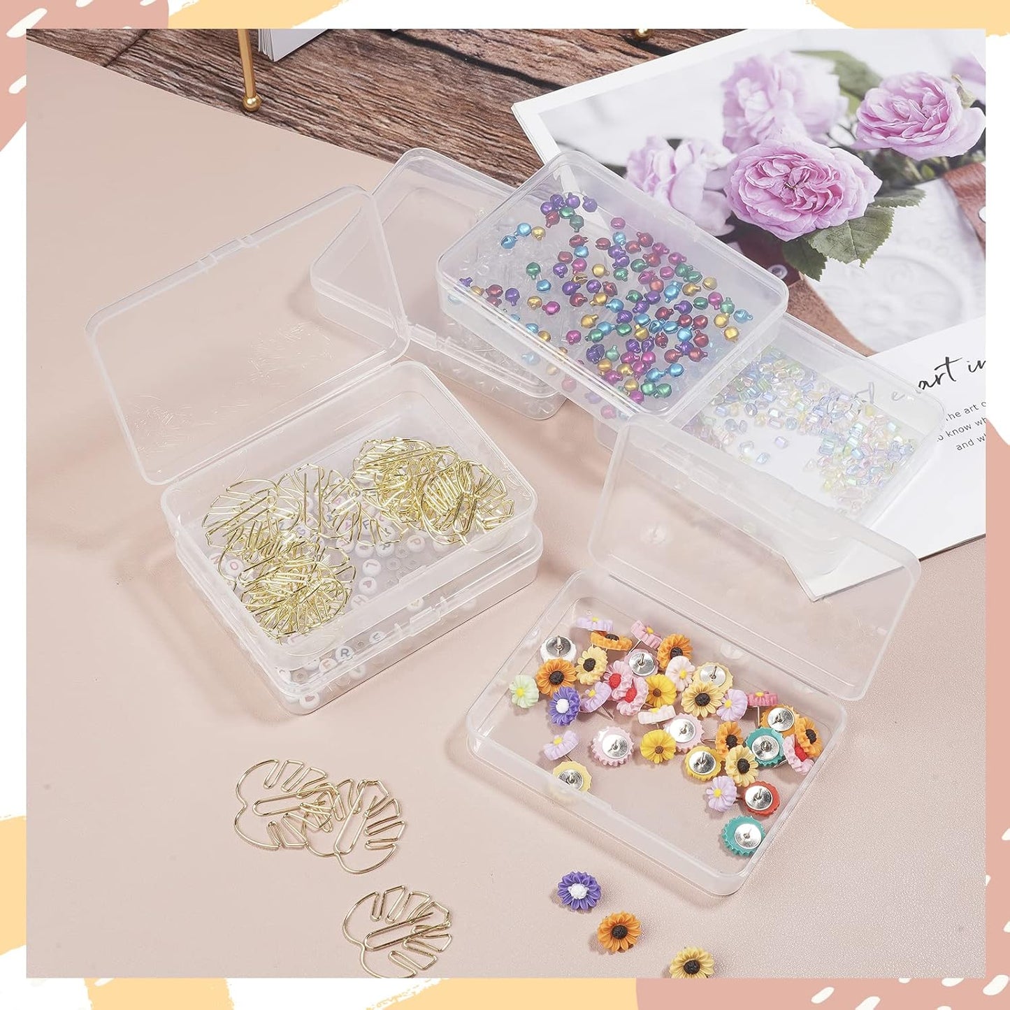 ISKYBOB 6 Packs Rectangle Small Clear Plastic Storage Containers Box Case with Hinged Lid Crafts Organizer for Crayon, Bobby Pin, Beads (4.5 x 3.4in)