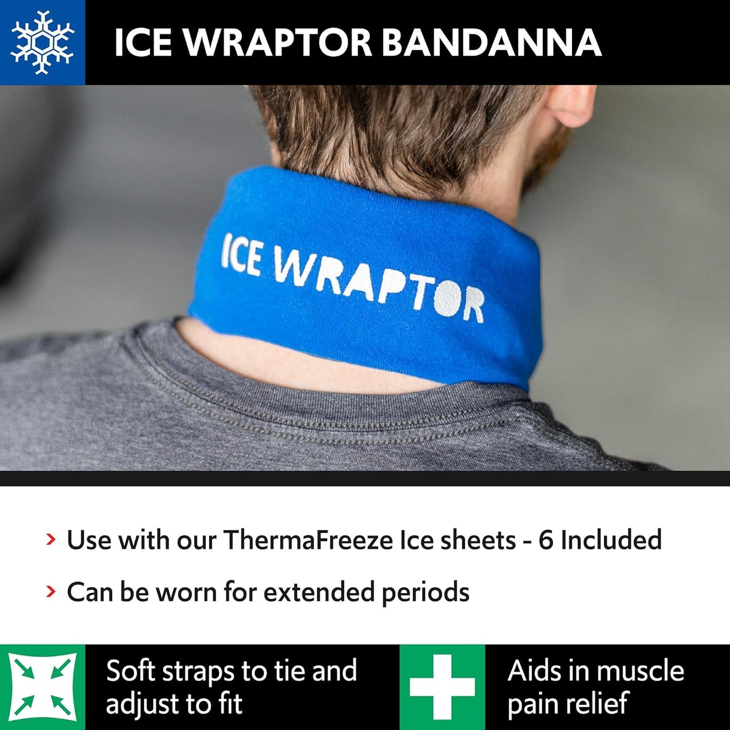 Ice Wraptor Bandana + 6 inserts:Just Add Water & freeze. Keep Neck, Head, oints Cool. Portable Ice Therapy for Pain Relief.Adjustable, Lightweight Comfortable- w/ 6 2.5"x15" Reusable Cryosheet Inserts