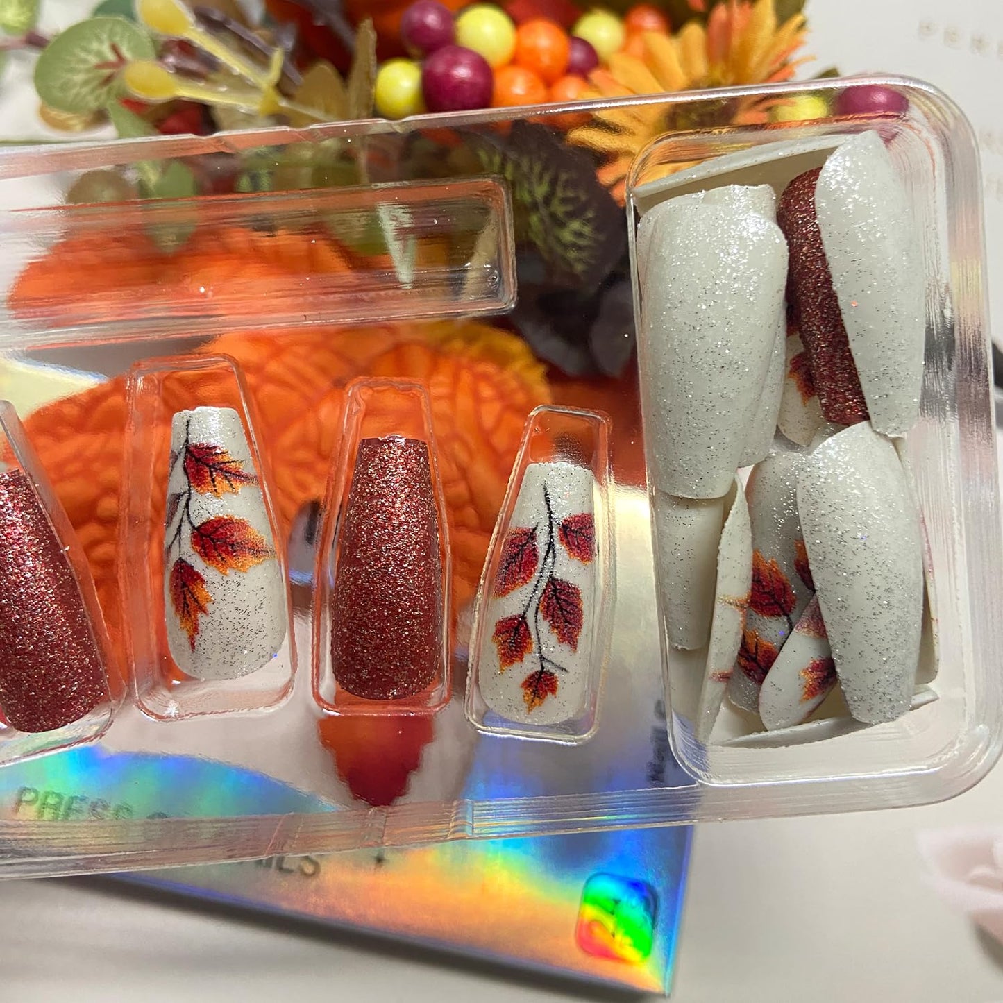 Glitter Thanksgiving Press on Nails Fall Maple Leaf Fake Nails Autumn Long Coffin Nail Glossy Maple Leaves Acrylic Glue on Nail for Women DIY Manicure