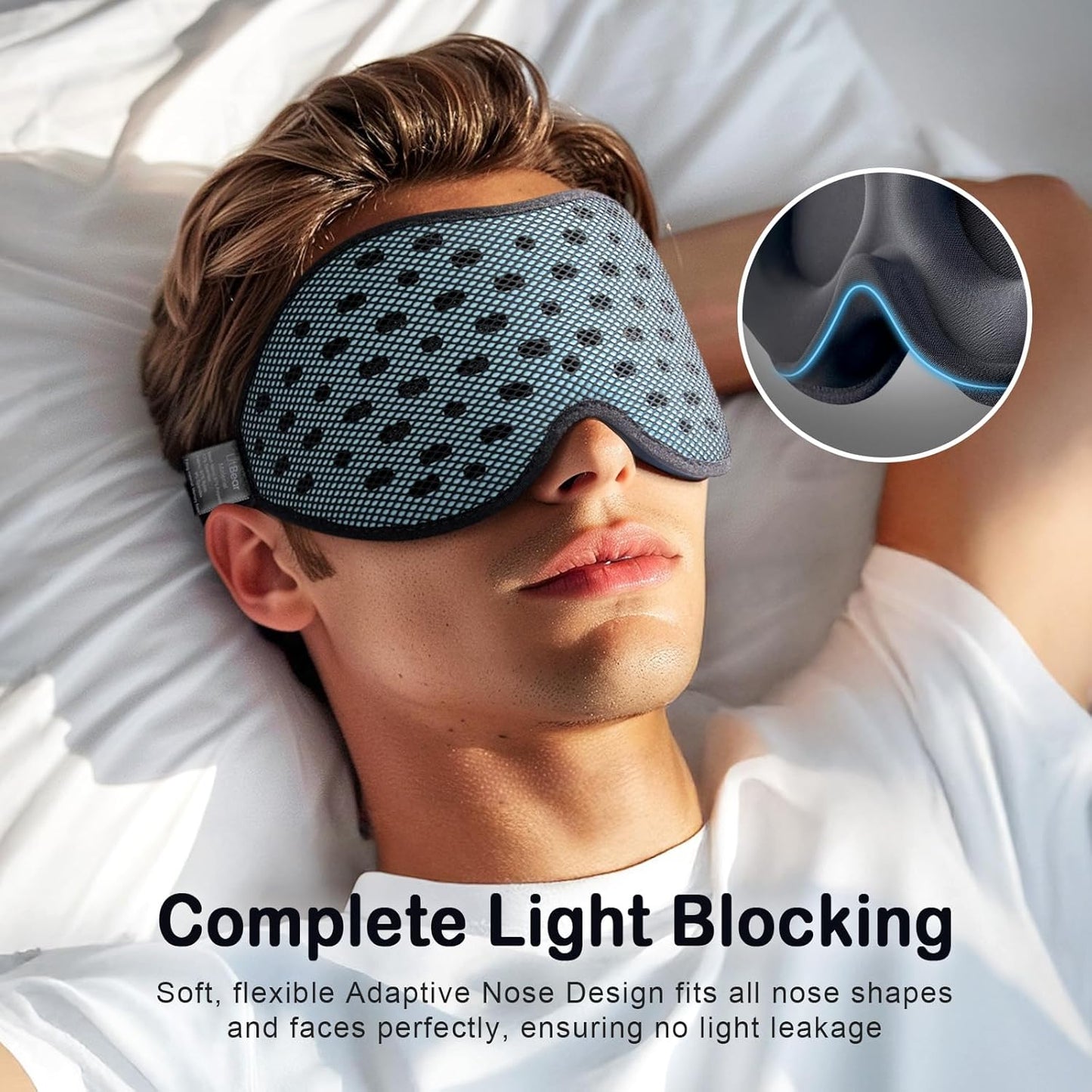 LitBear Breathable Sleep Mask, 3D Eye Mak Sleep for Side Sleepers Women Men, Light Blocking Sleeping Mask with Adjustable Strap, Soft Lightweight Eye Cover for Travel, Night Work, Nap -Ice Blue