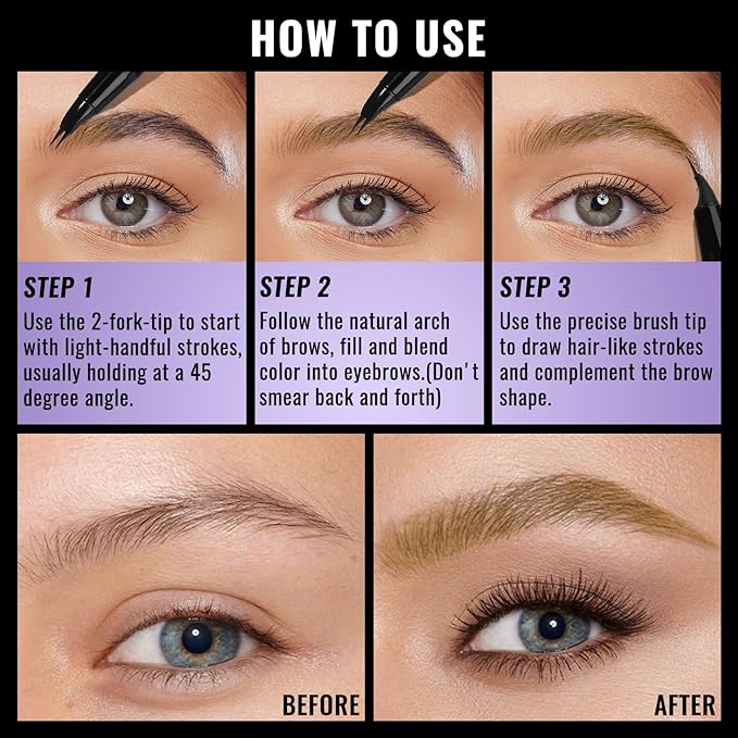 UCANBE Eyebrow Pen, Dual-Curved Eyebrow Pencils for Women, 2-in-1 Brow Pencil with 2-Fork-Tip & Precise Brush-Tip for Natural Hair-Like Brows, Waterproof Microblading Brow Pen Last 24Hrs(Light Brown)