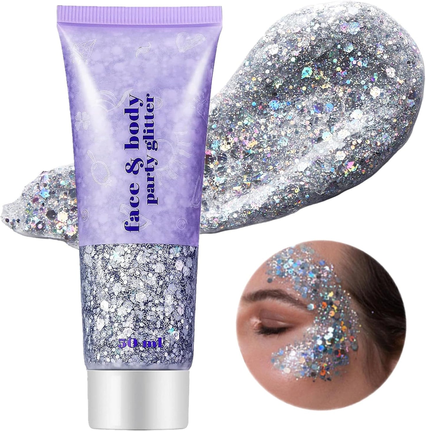 Go Ho Silver Face Body Glitter Gel,Singer Concerts Silver Face Paint Makeup,Holographic Chunky Glitters for Hair/Lip/Nails on Party Halloween Makeup,Festival Rave Accessories,52g