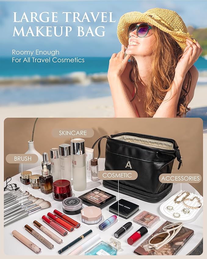 Bridesmaid Gift, Initial Makeup Bags, Personalized Double Layer Cosmetic Bag with Makeup Brush Organizer, Waterproof, Large Capacity PU Leather Travel Toiletry Bag