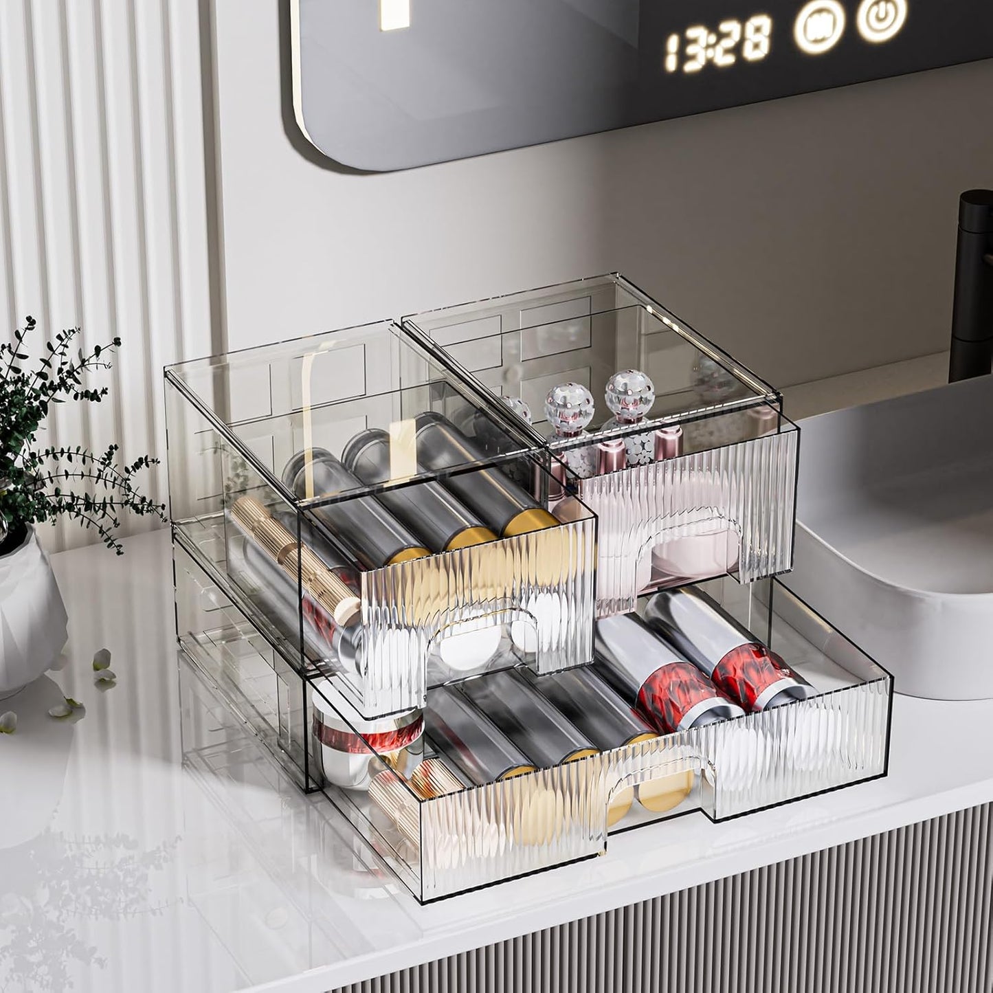 ZHIAI 3 Pack Clear Stackable Cosmetic Organizer with Acrylic Drawers for Cosmetics and Small Items for Dresser, Vanity, Kitchen Cabinet, Pantry, Home Organization and Storage