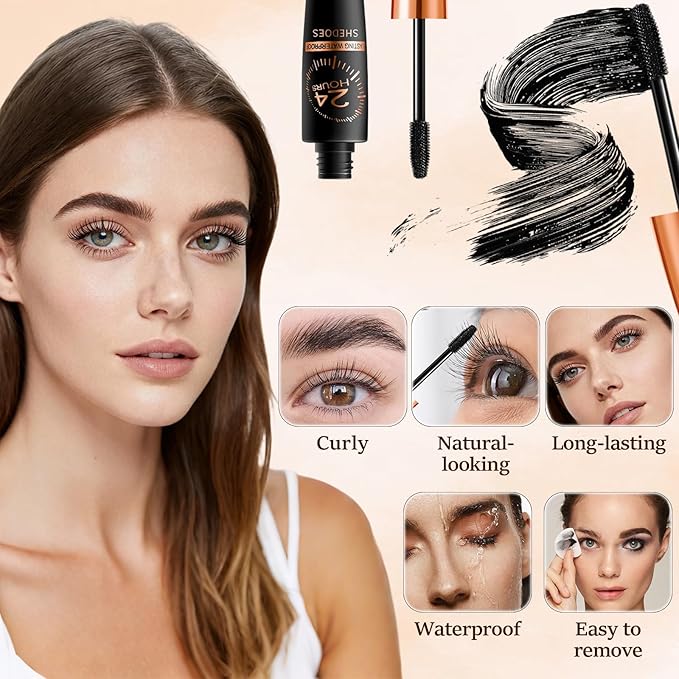 2PCS New Waterproof Silk Fibre Thick Lengthening Mascara, Iron Wand Curling Eyelash, Thick Lengthening 4D Silk Fiber Lash Mascara, No Flaking Long-Lasting, Ideal for Women Eye Makeup