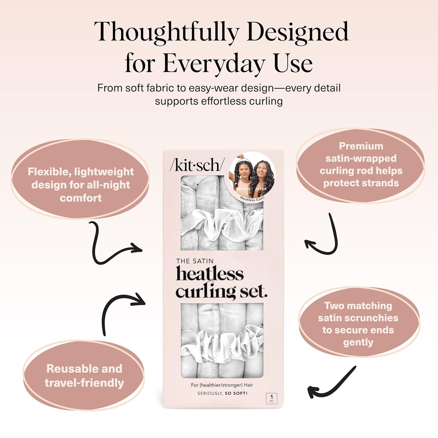 Kitsch Satin Heatless Hair Curler Set - Heatless Curls Overnight, Hair Rollers for Soft Curls & Frizz-Free Styling, No Heat Curlers To Sleep in, Curling Rod Headband with 2 Scrunchies - Marble