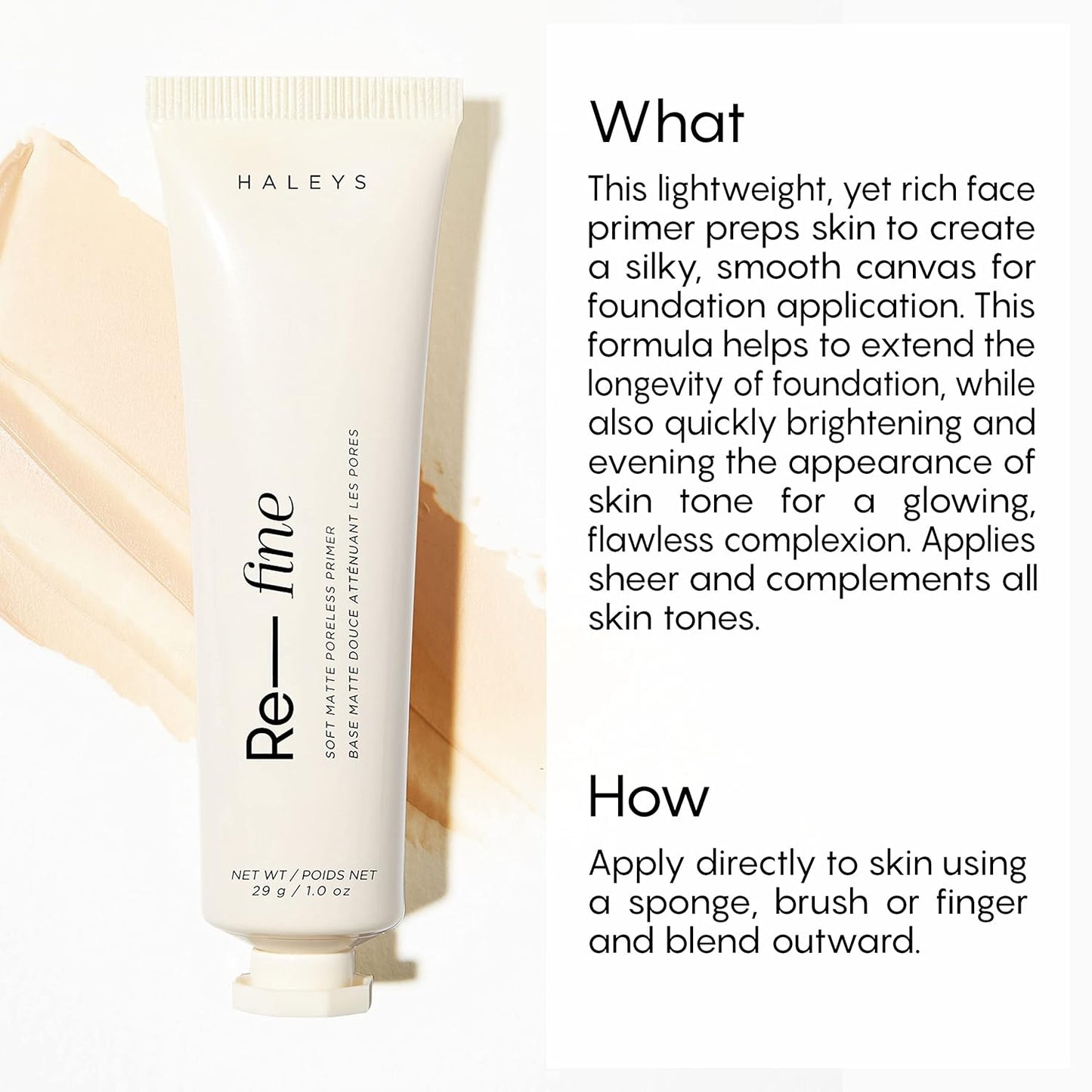 HALEYS Re-fine Soft Matte Poreless Primer (1 oz), Lightweight, Extends Makeup Longwear, Grips, Smooths, Blurs, Fills in Pores and fine lines, for All Skin Types + Tones, Cruelty + Fragrance-Free