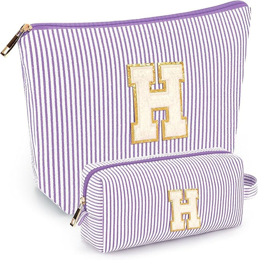 2 PCS Initial Makeup Bags for Women: Cosmetic Bag for Travel Toiletry - Birthday Gifts for 11 12 13 14 15 16 17 18 Years Old Girl Graduation Teacher Gift- Teen Girl Gifts Trendy Stuff - Purple H