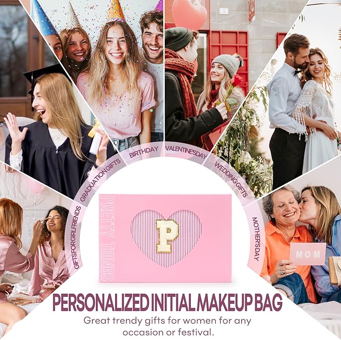 2 PCS Initial Makeup Bags for Women: Cosmetic Bag for Travel Toiletry - Birthday Gifts for 11 12 13 14 15 16 17 18 Years Old Girl Graduation Teacher Gift- Teen Girl Gifts Trendy Stuff - Pink P