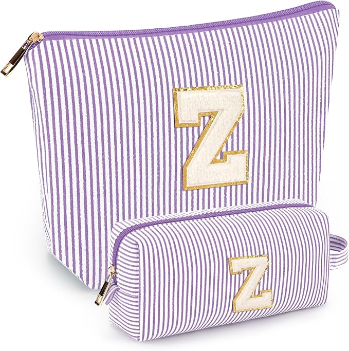 2 PCS Initial Makeup Bags for Women: Cosmetic Bag for Travel Toiletry - Birthday Gifts for 11 12 13 14 15 16 17 18 Years Old Girl Graduation Teacher Gift- Teen Girl Gifts Trendy Stuff - Purple Z