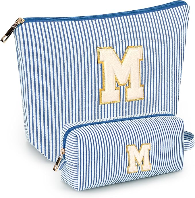 mibasies 2 PCS Initial Makeup Bags: Mothers Day Gifts for Women - Best Friend Birthday Gifts Graduation Gifts Wedding Bridesmaid Girlfriend Wife Daughter Sister Girl Gifts - Blue M