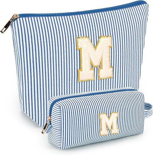mibasies 2 PCS Initial Makeup Bags: Mothers Day Gifts for Women - Best Friend Birthday Gifts Graduation Gifts Wedding Bridesmaid Girlfriend Wife Daughter Sister Girl Gifts - Blue M