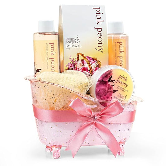 Home Spa Gift Basket Peony Spa Set For Women, Contains Shower Gel, Bubble Bath, Body Lotion, Peony Bath Salt & Puff in a Pink Feminine Tub