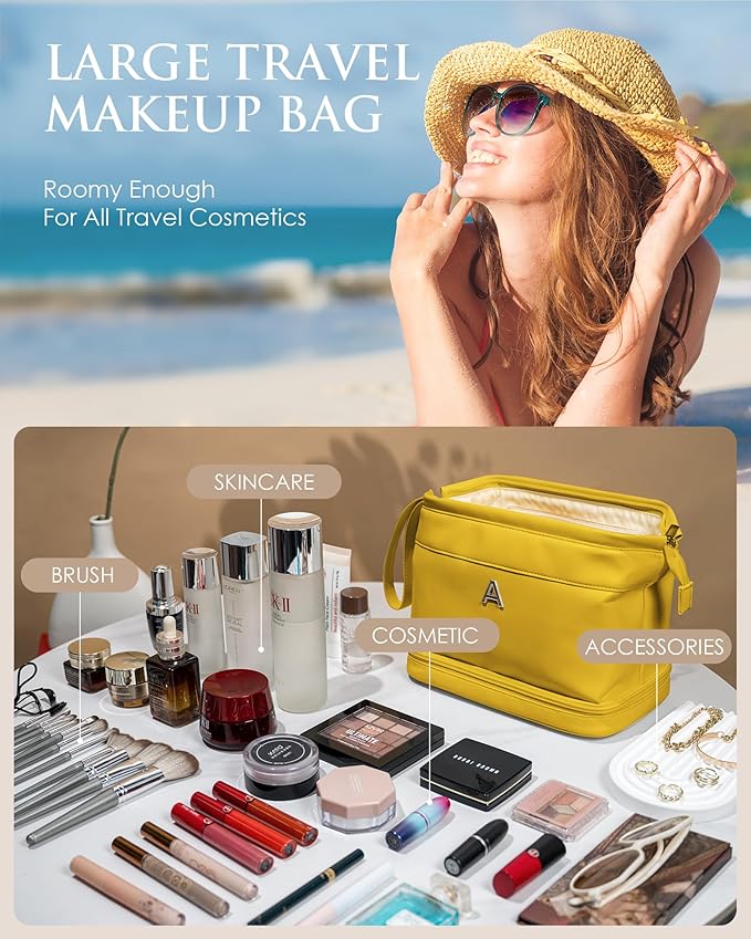 Gift Ideas for Mom, Initial Makeup Bag, Travel Gifts, Personalized Bags, Waterproof Double Layer Cosmetic Bag, Large Capacity PU Leather Makeup Bags Letter Travel Toiletry Bag, Friend Gifts