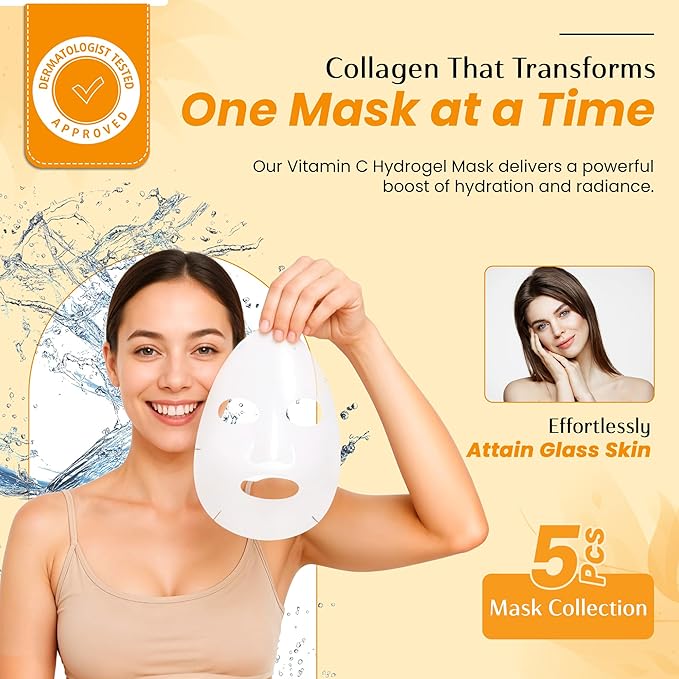 Vitamin C Face Mask – Overnight Hydrogel Care for Dark Spots, Fine Lines & Dry Skin – Dermatologist Tested, Anti-Aging, Korean Skin Care – Clean Beauty, Glass Skin Glow – Pack of 10