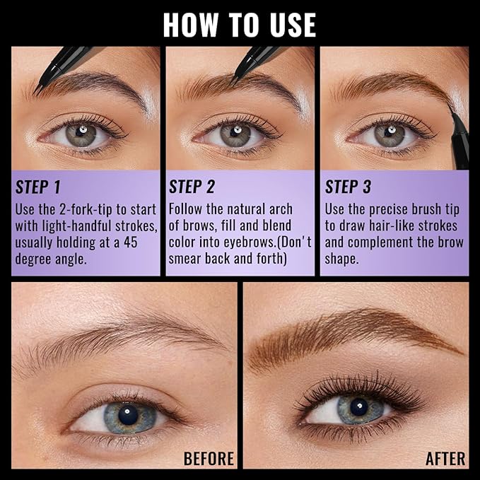 UCANBE Eyebrow Pen, Dual-Curved Eyebrow Pencils for Women, 2-in-1 Brow Pencil with 2-Fork-Tip & Precise Brush-Tip for Natural Hair-Like Brows, Waterproof Microblading Brow Pen Last 24Hrs(Soft Brown)