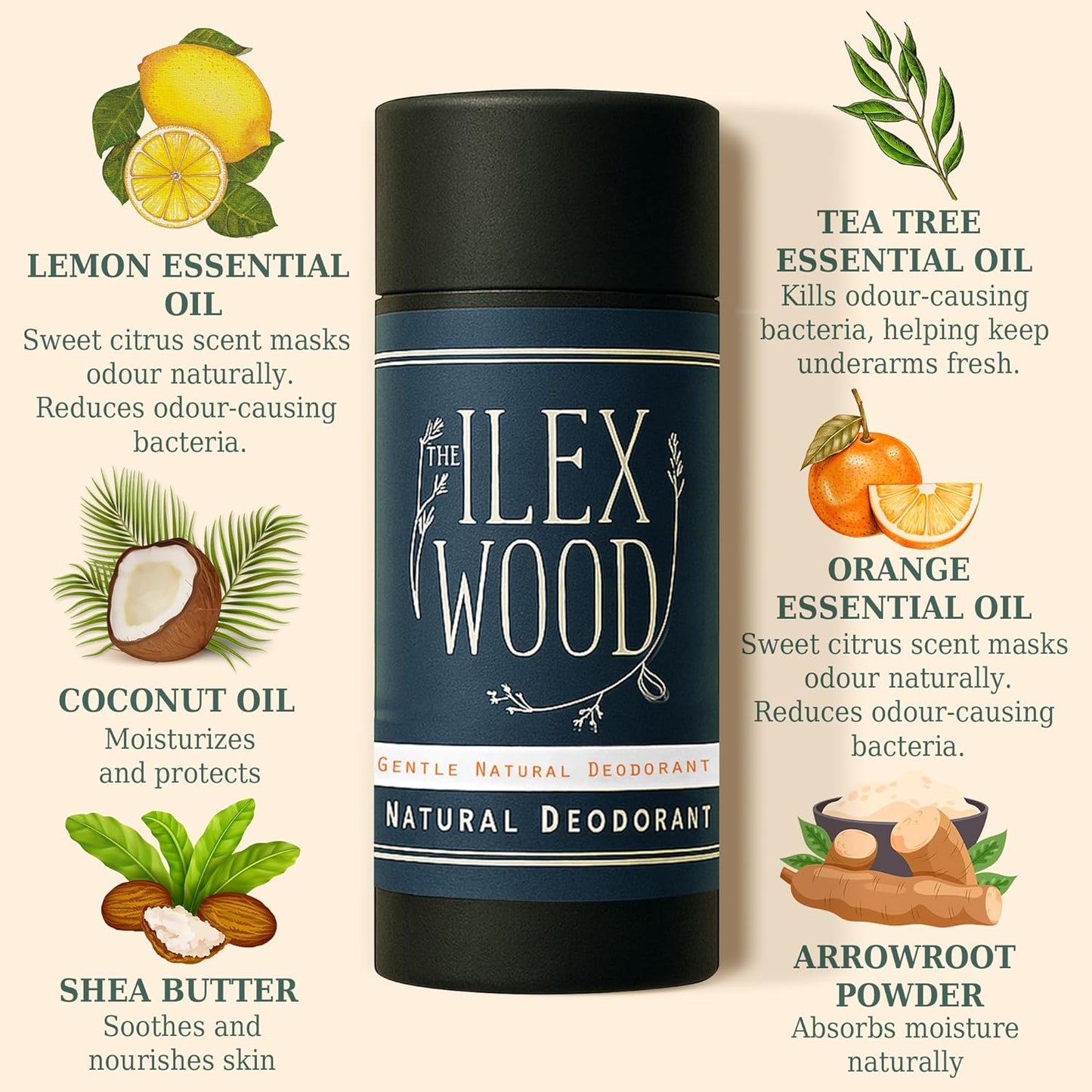 The Ilex Wood - Gentle Natural Deodorant with Citrus Oils - 2.4 fl oz. Natural Handmade Vegan Deo, no plastic, no alcohol, Sodium Bicarbonate Free, Recyclable, Cruelty Free, no Toxins & no Aluminium Salt