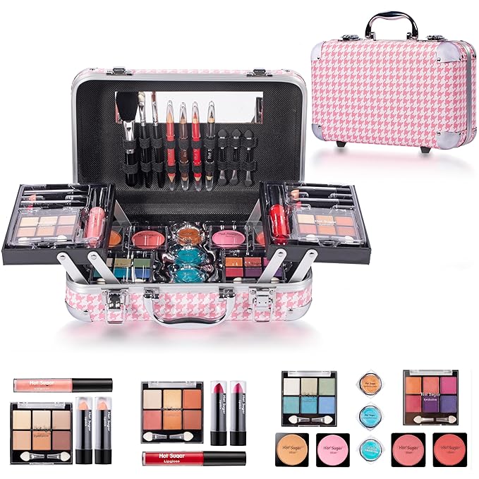Hot Sugar All In One Makeup Set for Adults and Girls-Full Makeup Kit for Beginners Includes Eye Shadow Palette Blush Lip Gloss Lipstick Lip Pencil Eye Pencil Brush Mirror (Pink Houndstooth)