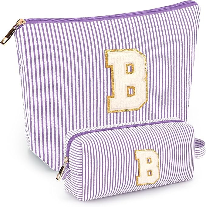 2 PCS Initial Makeup Bags for Women: Cosmetic Bag for Travel Toiletry - Birthday Gifts for 11 12 13 14 15 16 17 18 Years Old Girl Graduation Teacher Gift- Teen Girl Gifts Trendy Stuff - Purple B