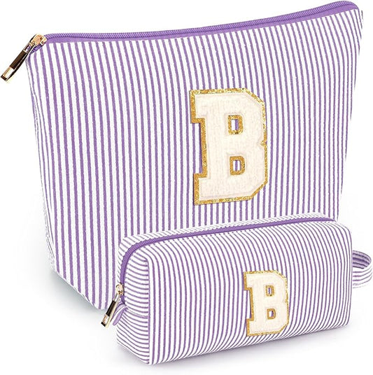 2 PCS Initial Makeup Bags for Women: Cosmetic Bag for Travel Toiletry - Birthday Gifts for 11 12 13 14 15 16 17 18 Years Old Girl Graduation Teacher Gift- Teen Girl Gifts Trendy Stuff - Purple B
