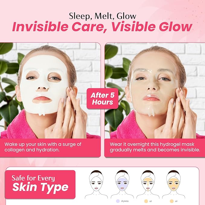 Hydrogel Collagen Face Mask – Overnight Hydrating & Firming Treatment for Dry or Mature Skin – Dermatologist Tested, Anti Aging Korean Skin Care, Vegan, Clean Beauty – Pack of 5