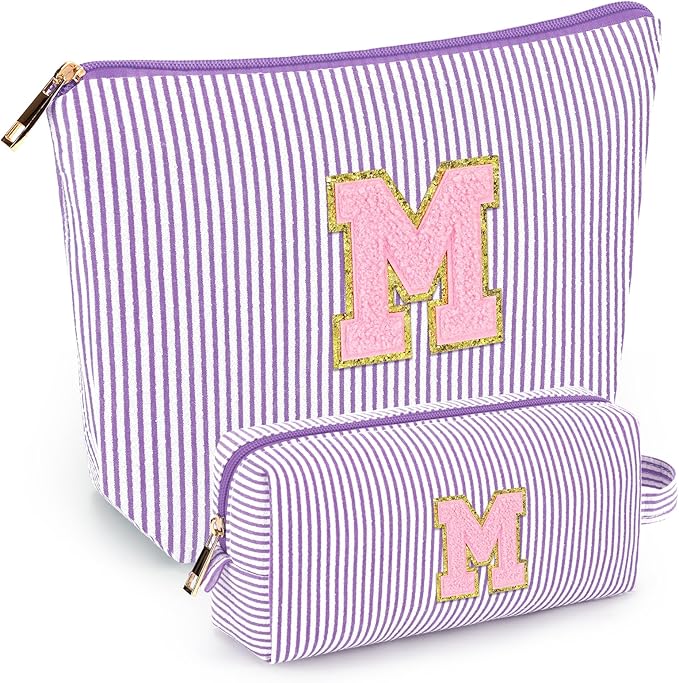 mibasies 2 PCS Initial Makeup Bags for Women: - Birthday Gifts for Teen Girls 11 12 13 14 15 16 Years Old - Preppy Trendy Stuff - Cosmetic Bag for Travel Toiletry - Purple M