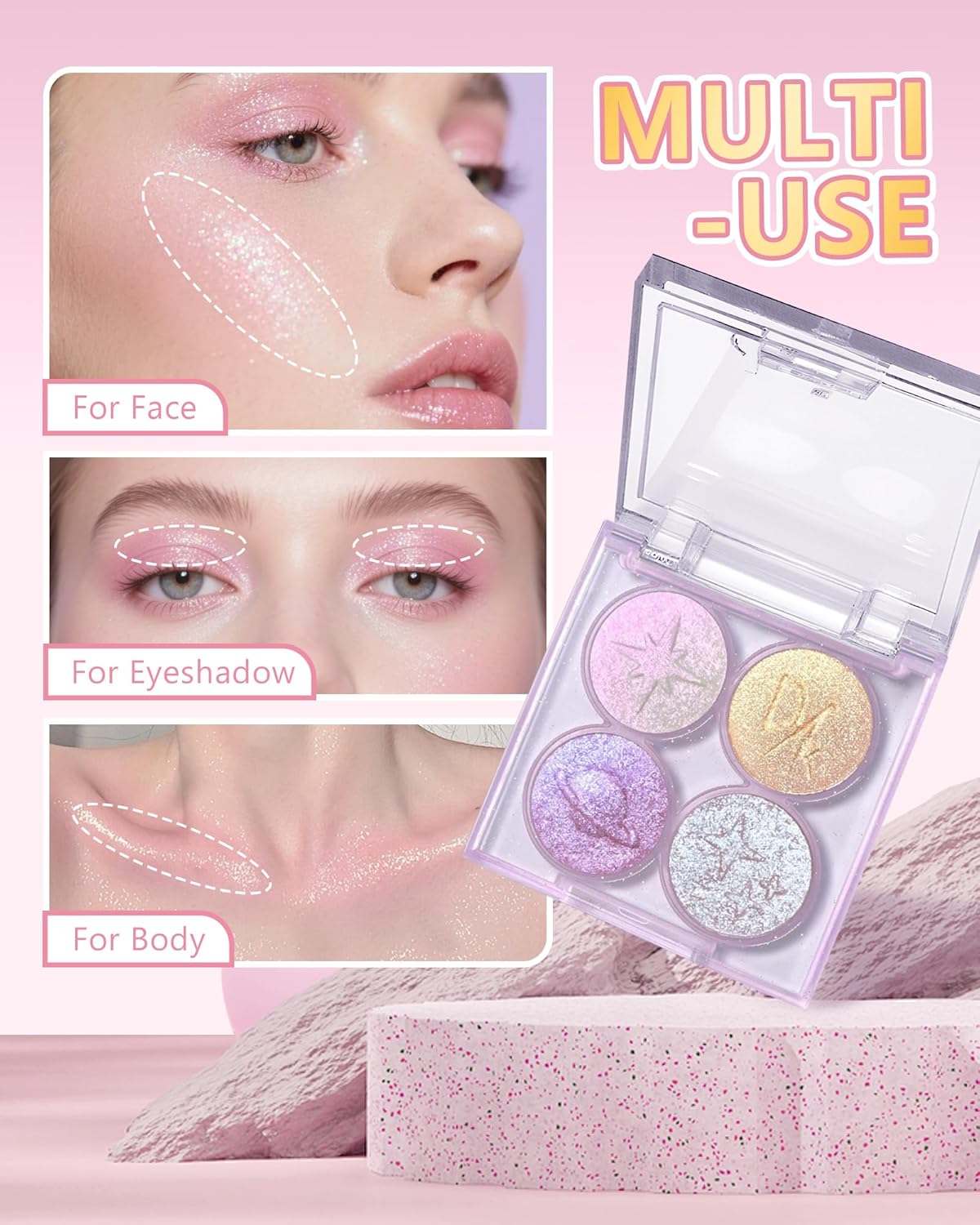 Holographic Multichrome Gold Glitter Eyeshadow&Highlighter Palette, Sparkling Color Shift Metallic Shimmer Face Eye Shadow Palette,Highly Pigmented Creamy Mini Facial Illuminator Fairy Makeup-01