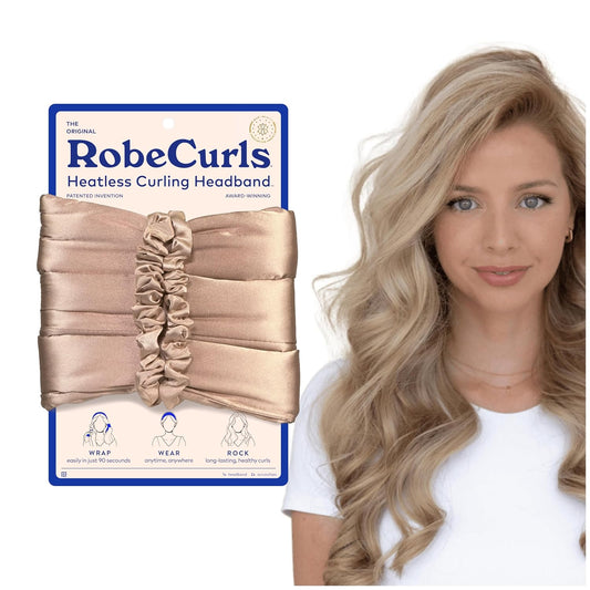 RobeCurls Heatless Hair Curler Set - Satin Curling Headband for Natural, No-Heat Curls - Sleep in Overnight Styling Tool with 2 Scrunchies - Easy & Gentle on Hair (Cream)