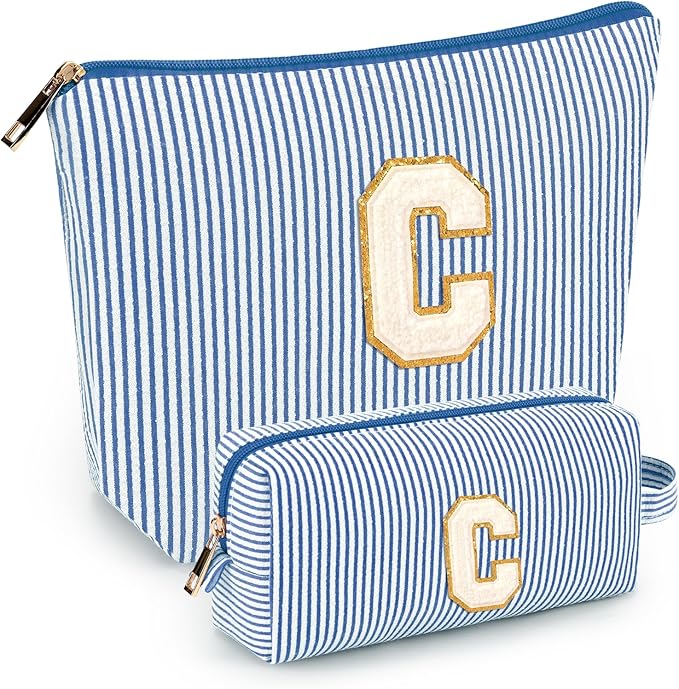 2 PCS Initial Makeup Bags for Women: Cosmetic Bag for Travel Toiletry - Birthday Gifts for 11 12 13 14 15 16 17 18 Years Old Girl Graduation Teacher Gift- Teen Girl Gifts Trendy Stuff - Blue C