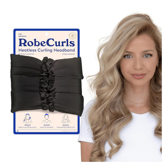 RobeCurls Heatless Hair Curler Set - Satin Curling Headband for Natural, No-Heat Curls - Sleep in Overnight Styling Tool with 2 Scrunchies - Easy & Gentle on Hair (Black)