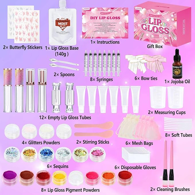 JCOOS Lip Gloss Making Kit, Lip Gloss Set for Teens Kids Tweens Girls Woman Lip Kit Fun DIY Lipgloss Making Kit, Make Your Own Lip Gloss Kit, Moisturizing Glitter Kids Gifts Stuff for Girls 10-12