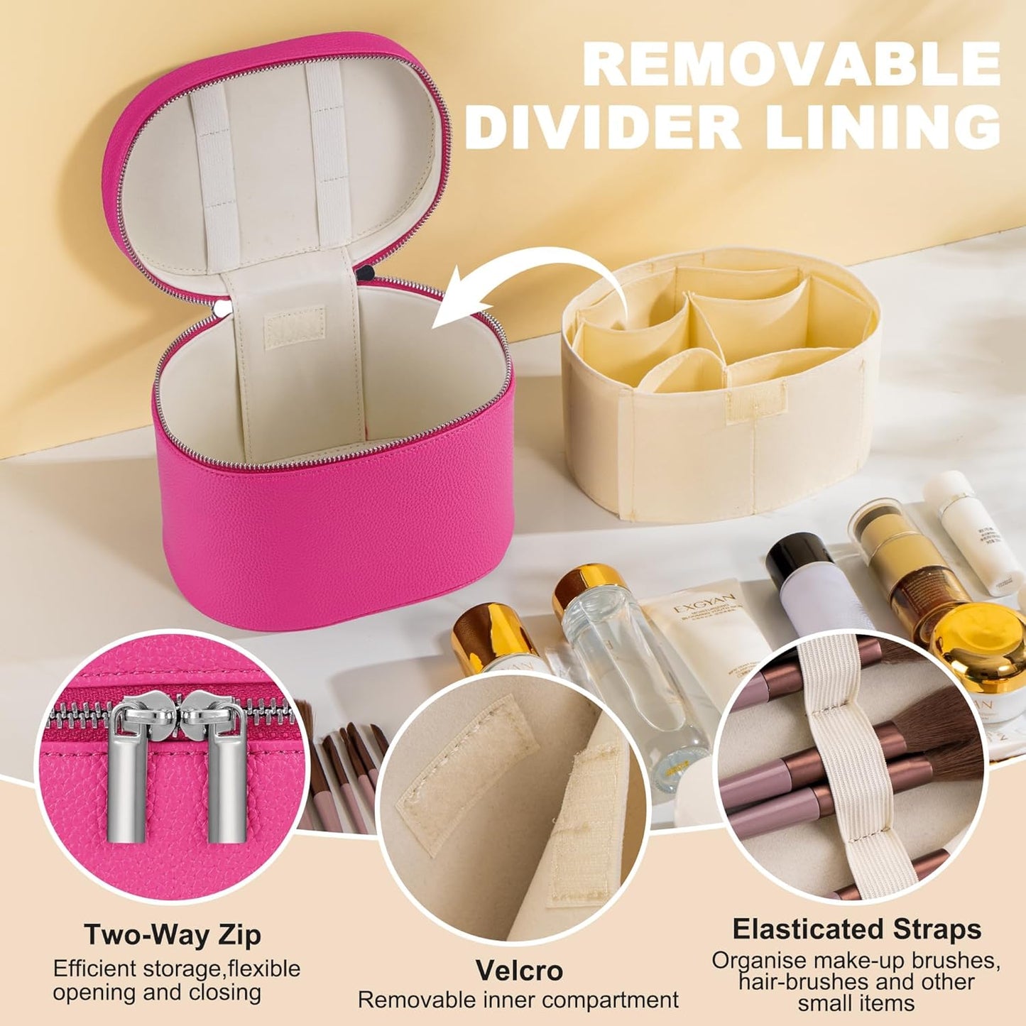 Makeup Bag Vanity Case Cosmetic Bag with Removable Divider Travel Toiletry Bag for Women Portable Make up Box Organizer, Rose