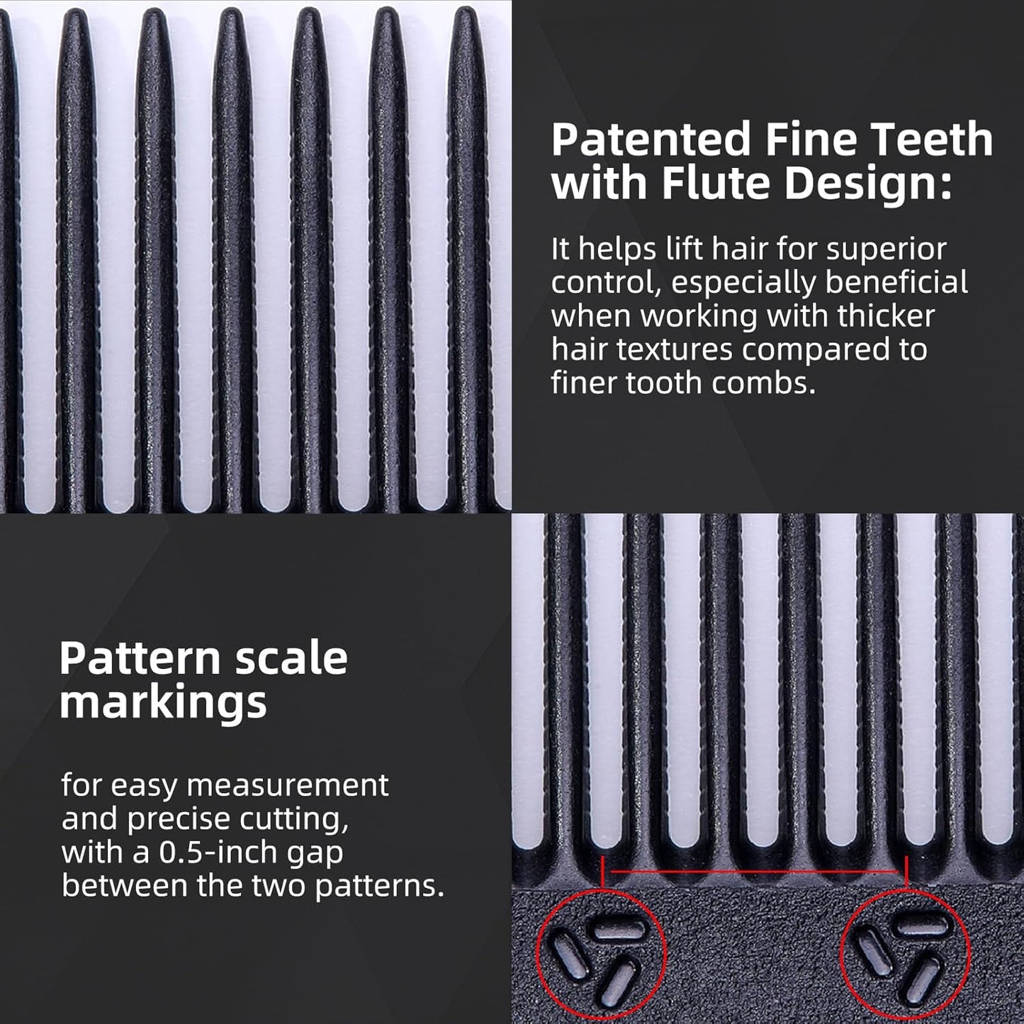 PERFEHAIR 2-Pack Professional Round Tooth Hair Cutting Comb - 7.4 Inch, Black Carbon Fiber Anti-Static & Heat Resistant, Durable Barber Combs with Fine & Wide Tooth for Precise Haircut for Men & Women