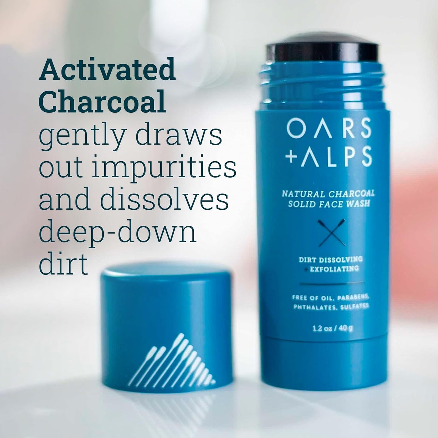 Oars + Alps Exfoliating Face Wash Stick, 2-in-1 Cleanser & Exfoliant with Activated Charcoal & Alpine Moss, Dermatologist Tested, Spill-Free, Travel Size, 1.2 Oz