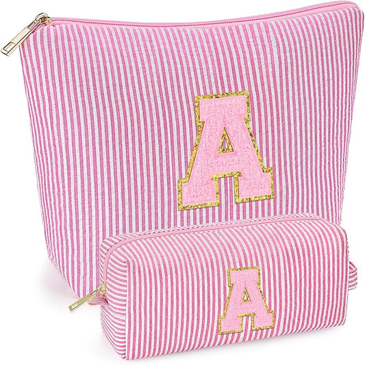 mibasies 2 PCS Initial Makeup Bags for Women: - Birthday Gifts for Teen Girls 11 12 13 14 15 16 Years Old - Preppy Trendy Stuff - Cosmetic Bag for Travel Toiletry - Pink A