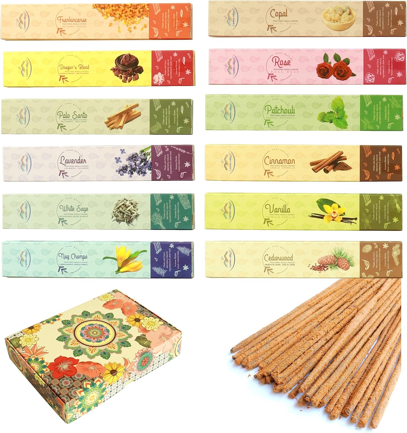 Incense Sticks Variety Pack - Traditional Hand-Rolled Masala Incense Bulk - 12 Aromas - 100 Sticks - Gift Set
